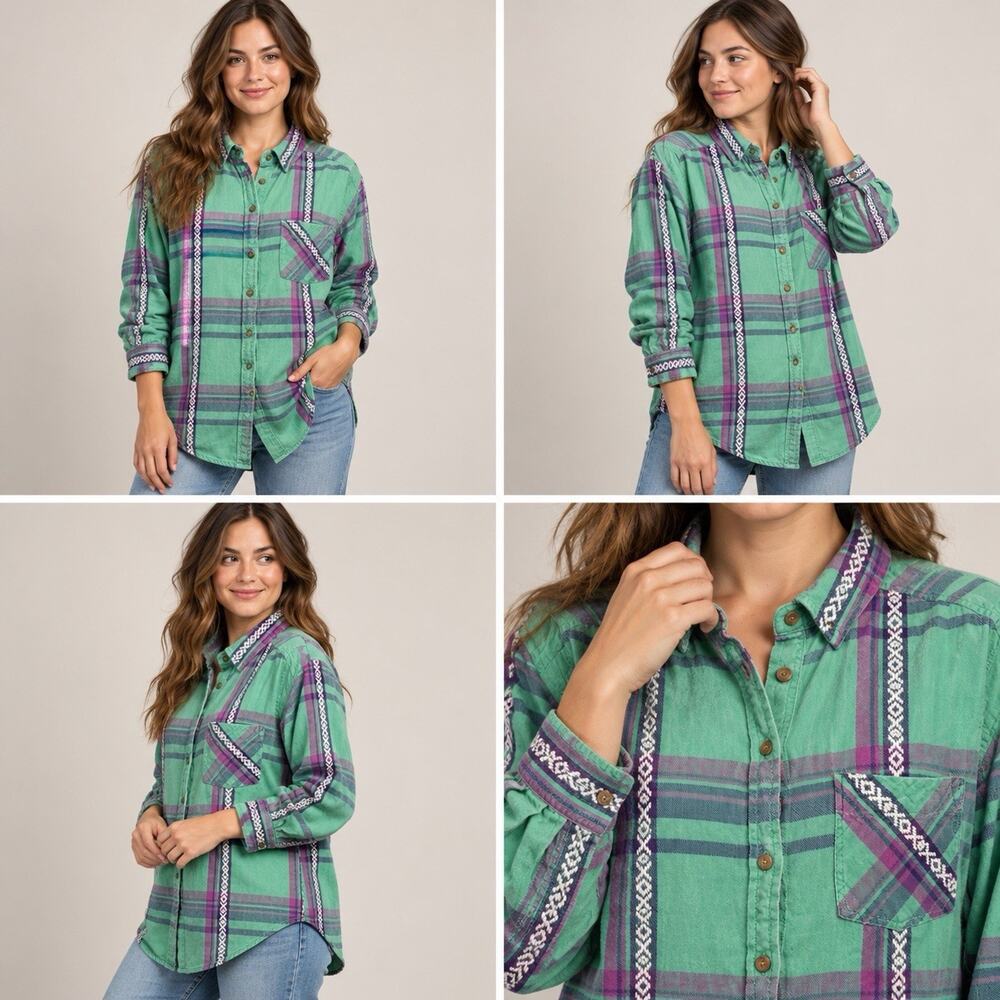 American Eagle Vintage Boyfriend Shirt Womens L Green Purple Plaid Geometric